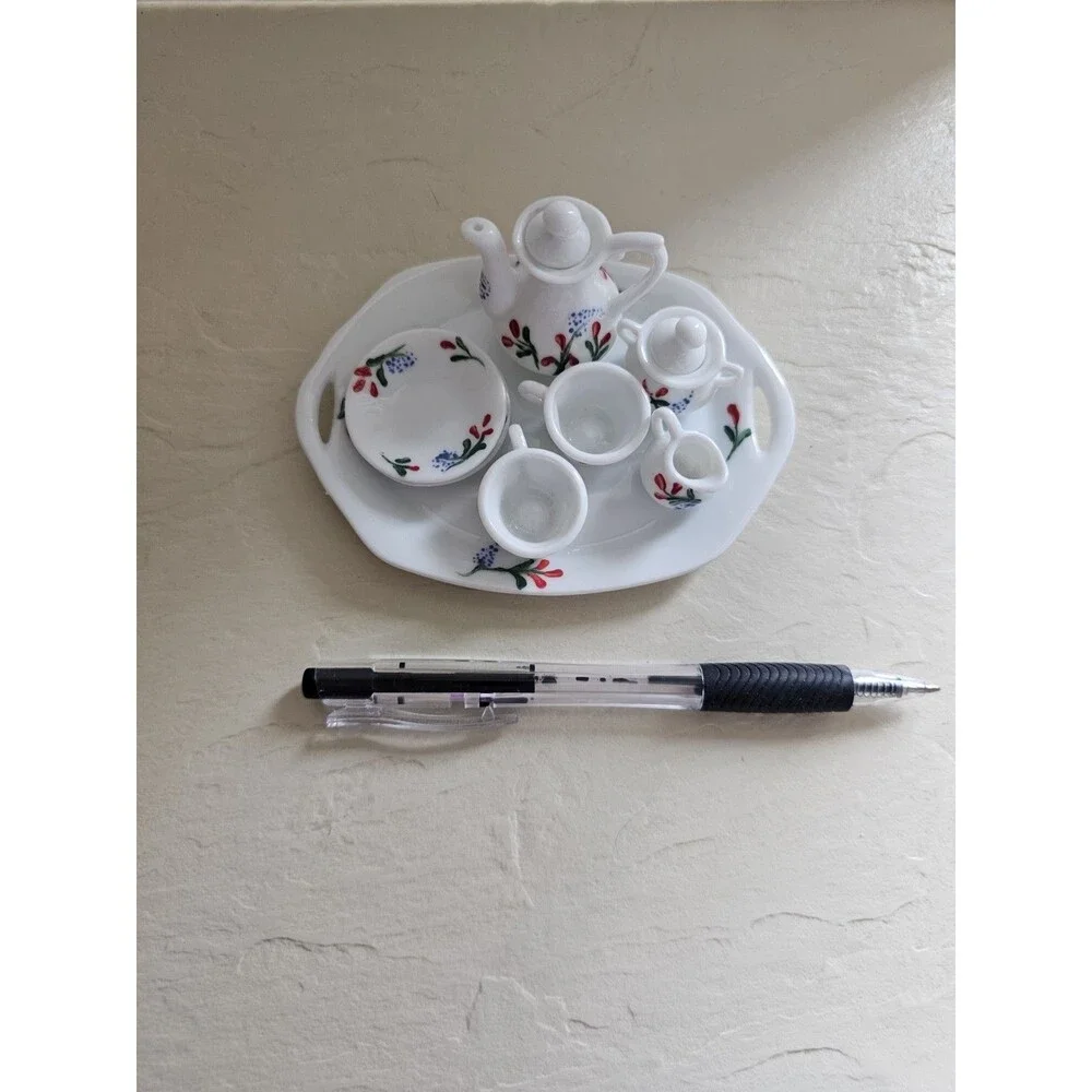 Vintage Miniature Ceramic Dollhouse Tea Set Blue And Red Floral Design